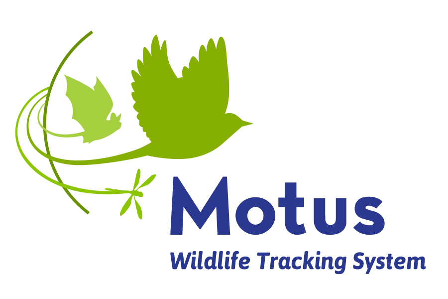 Motus Wildlife Tracking System logo showing a green bird in flight with curling vines and blue 'Motus' text beneath.
